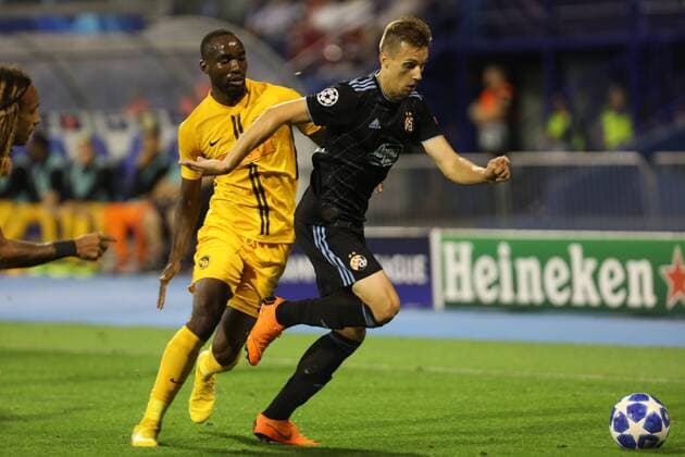 Zagreb, 28 08 2018 - Stadion Maksimir, UEFA Champions League - 2018 19, GNK Dinamo (blue) - BSC Young Boys (yellow) Mislav Orsic (99) and Nicolas Moumi Ngamaleu (13) 