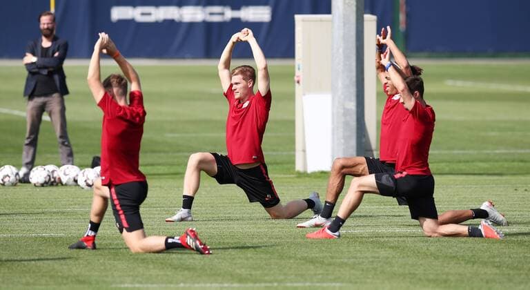 RB LEIPZIG Training the day before the match against Sorja Luhansk In the picture v l Niclas Stierlin Marcel Halstenberg Yussuf Poulsen and Massimo Bruno all RB Leipzig RB Leipzig Training Euro League Qualifier Leipzig 29 08 2018 RBL Leipzig Training Center