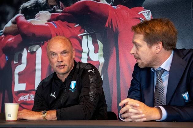 180829 head coach Uwe Rösler and Press Officer Peter Ahlander of Malmö FF during a press conference and practice ahead of the Europe League qualifying match between Midtjylland and Malmö FF on August 29, 2018 in Herning Photo Ludvig Thunman BILDBYRAN code LT 35528  Copyright: LUDVIGxTHUNMAN BB180829LT038