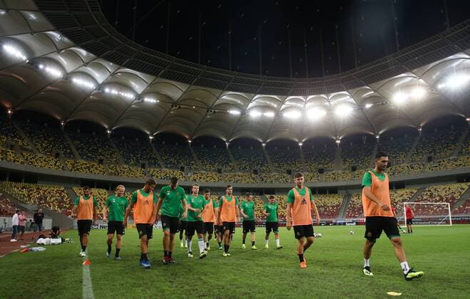 SOCCER - EL quali, Steaua vs Rapid BUCHAREST,ROMANIA,29.AUG.18 - SOCCER - UEFA Europa League, qualification, play off, Steaua Bukarest vs SK Rapid Wien, preview, training Rapid. Image shows the team of Rapid. Keywords: Wien Energie. GEPAxpictures xPhilippxBrem