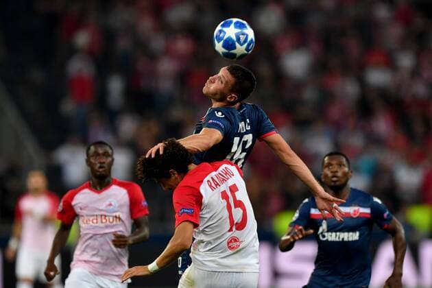 SOCCER - CL quali, RBS vs Belgrade SALZBURG,AUSTRIA,29.AUG.18 - SOCCER - UEFA Champions League qualification play-off, Red Bull Salzburg vs FC Red Star Belgrade. Image shows Nemanja Milic (Belgrade) and Andre Ramalho (RBS). GEPAxpictures xFlorianxErtl