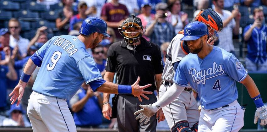 August 29, 2018 - Kansas City, MO, USA - Kansas City Royals Drew Butera congratulates Alex Gordon after Gordon hit a two-run home run in the third inning against the Detroit Tigers on Wednesday, Aug. 29, 2018 at Kauffman Stadium in Kansas City, Mo. Detroit Tigers vs. Kansas City Royals - ZUMAm67_ 20180829_zaf_m67_015 Copyright: xJohnxSleezerx