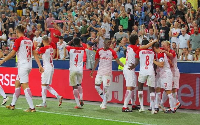 SOCCER - CL quali, RBS vs Belgrade SALZBURG,AUSTRIA,29.AUG.18 - SOCCER - UEFA Champions League qualification play-off, Red Bull Salzburg vs FC Red Star Belgrade. Image shows the rejoicing of FC Red Bull Salzburg. GEPAxpictures xThomasxBachun