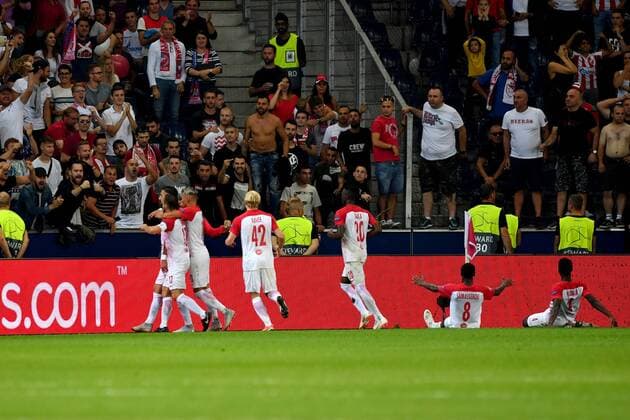 SOCCER - CL quali, RBS vs Belgrade SALZBURG,AUSTRIA,29.AUG.18 - SOCCER - UEFA Champions League qualification play-off, Red Bull Salzburg vs FC Red Star Belgrade. Image shows the rejoicing of Munas Dabbur, Xaver Schlager, Andreas Ulmer and Patson Daka (RBS). GEPAxpictures xFlorianxErtl