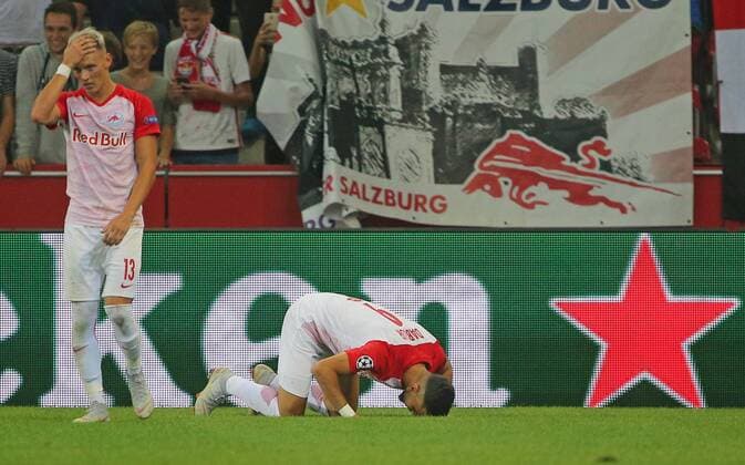 SOCCER - CL quali, RBS vs Belgrade SALZBURG,AUSTRIA,29.AUG.18 - SOCCER - UEFA Champions League qualification play-off, Red Bull Salzburg vs FC Red Star Belgrade. Image shows the rejoicing of Hannes Wolf and Munas Dabbur (RBS). GEPAxpictures xThomasxBachun