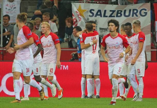 SOCCER - CL quali, RBS vs Belgrade SALZBURG,AUSTRIA,29.AUG.18 - SOCCER - UEFA Champions League qualification play-off, Red Bull Salzburg vs FC Red Star Belgrade. Image shows the rejoicing of FC Red Bull Salzburg. GEPAxpictures xThomasxBachun