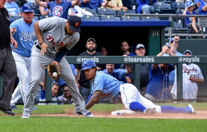 August 29, 2018 - Kansas City, MO, USA - Kansas City Royals Adalberto Mondesi reaches third on an RBI triple as Detroit Tigers third baseman Jeimer Candelario bobbles the ball in the fourth inning on Wednesday, Aug. 29, 2018 at Kauffman Stadium in Kansas City, Mo. Detroit Tigers vs. Kansas City Royals - ZUMAm67_ 20180829_zaf_m67_023 Copyright: xJohnxSleezerx