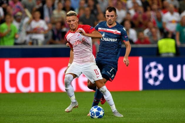 SOCCER - CL quali, RBS vs Belgrade SALZBURG,AUSTRIA,29.AUG.18 - SOCCER - UEFA Champions League qualification play-off, Red Bull Salzburg vs FC Red Star Belgrade. Image shows Hannes Wolf (RBS) and Nenad Krsticic (Belgrade). GEPAxpictures xFlorianxErtl