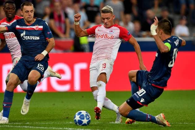 SOCCER - CL quali, RBS vs Belgrade SALZBURG,AUSTRIA,29.AUG.18 - SOCCER - UEFA Champions League qualification play-off, Red Bull Salzburg vs FC Red Star Belgrade. Image shows Hannes Wolf (RBS) and Vujadin Savic (Belgrade). GEPAxpictures xFlorianxErtl