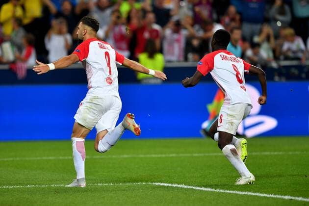 SOCCER - CL quali, RBS vs Belgrade SALZBURG,AUSTRIA,29.AUG.18 - SOCCER - UEFA Champions League qualification play-off, Red Bull Salzburg vs FC Red Star Belgrade. Image shows the rejoicing of Munas Dabbur and Diadie Samassekou (RBS). GEPAxpictures xFlorianxErtl