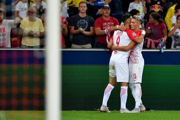 SOCCER - CL quali, RBS vs Belgrade SALZBURG,AUSTRIA,29.AUG.18 - SOCCER - UEFA Champions League qualification play-off, Red Bull Salzburg vs FC Red Star Belgrade. Image shows the rejoicing of Munas Dabbur and Hannes Wolf (RBS). GEPAxpictures xFlorianxErtl