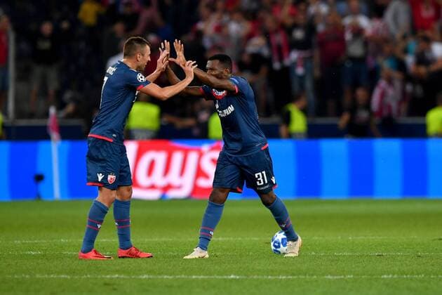 SOCCER - CL quali, RBS vs Belgrade SALZBURG,AUSTRIA,29.AUG.18 - SOCCER - UEFA Champions League qualification play-off, Red Bull Salzburg vs FC Red Star Belgrade. Image shows the rejoicing of Nenad Krsticic and El Faradou Ben Nabouhane (Belgrade). GEPAxpictures xFlorianxErtl