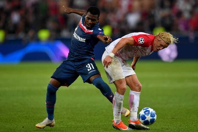 SOCCER - CL quali, RBS vs Belgrade SALZBURG,AUSTRIA,29.AUG.18 - SOCCER - UEFA Champions League qualification play-off, Red Bull Salzburg vs FC Red Star Belgrade. Image shows El Faradou Ben Nabouhane (Belgrade) and Xaver Schlager (RBS). GEPAxpictures xFlorianxErtl