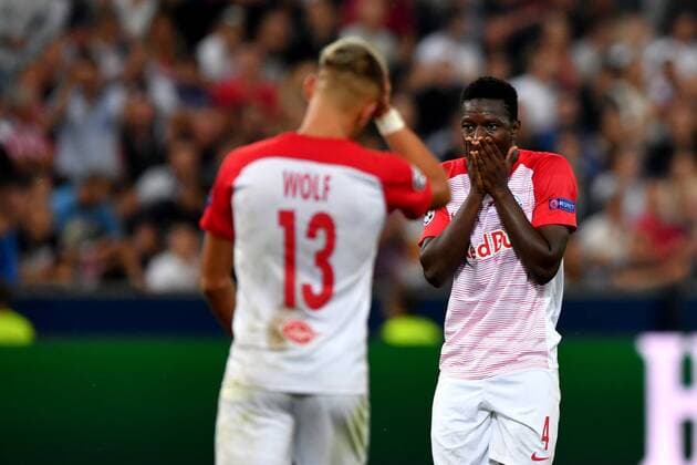 SOCCER - CL quali, RBS vs Belgrade SALZBURG,AUSTRIA,29.AUG.18 - SOCCER - UEFA Champions League qualification play-off, Red Bull Salzburg vs FC Red Star Belgrade. Image shows the disappointment of Hannes Wolf and Amadou Haidara (RBS). GEPAxpictures xFlorianxErtl