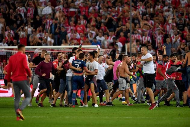 SOCCER - CL quali, RBS vs Belgrade SALZBURG,AUSTRIA,29.AUG.18 - SOCCER - UEFA Champions League qualification play-off, Red Bull Salzburg vs FC Red Star Belgrade. Image shows the rejoicing of Belgrade. GEPAxpictures xFlorianxErtl