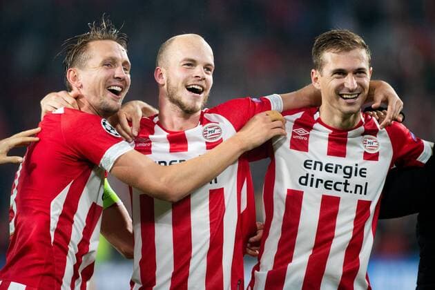 Luuk de Jong of PSV, Jorrit Hendrix of PSV, Daniel Schwaab of PSV during the UEFA Champions League play offs round second leg match between PSV Eindhoven and BATE Borisov at the Philips stadium on August 29, 2018 in Eindhoven, The Netherlands UEFA Champions League 2018 2019 xVIxVIxImagesx xTomxBodexMultimediaxIVx 11933595