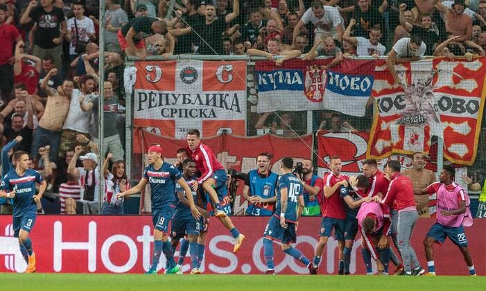 29 08 2018 Red Bull Arena Salzburg UEFA UEFA Champions League Salzburg vs Red Star Belgrade Qualification Renten in the picture Torjubel Belgrade after the 2 2 El Faradou equalized Ben Nabouhane Red Star Belgrade during the UEFA Champions League qualifying 2nd Leg match between FC Salzburg and Red Star Belgrade at the Red Bull Arena Salzburg Austria on 2018 08 29 Salzburg  EX_FEI
