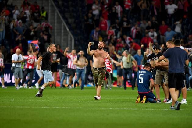 SOCCER - CL quali, RBS vs Belgrade SALZBURG,AUSTRIA,29.AUG.18 - SOCCER - UEFA Champions League qualification play-off, Red Bull Salzburg vs FC Red Star Belgrade. Image shows the rejoicing of Belgrade. GEPAxpictures xFlorianxErtl