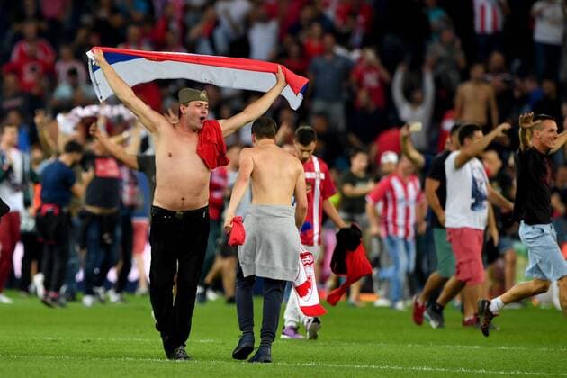 SOCCER - CL quali, RBS vs Belgrade SALZBURG,AUSTRIA,29.AUG.18 - SOCCER - UEFA Champions League qualification play-off, Red Bull Salzburg vs FC Red Star Belgrade. Image shows the rejoicing of Belgrade. GEPAxpictures xFlorianxErtl
