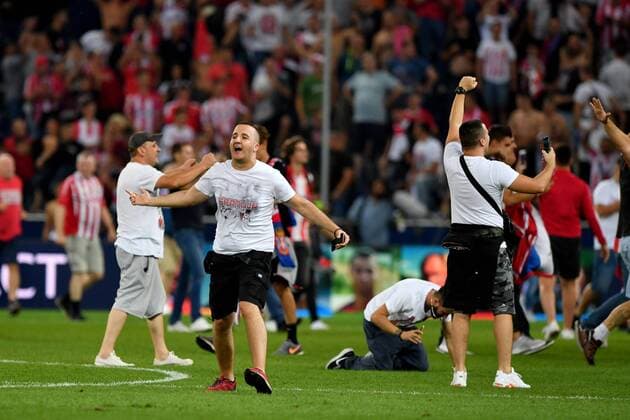 SOCCER - CL quali, RBS vs Belgrade SALZBURG,AUSTRIA,29.AUG.18 - SOCCER - UEFA Champions League qualification play-off, Red Bull Salzburg vs FC Red Star Belgrade. Image shows the rejoicing of Belgrade. GEPAxpictures xFlorianxErtl