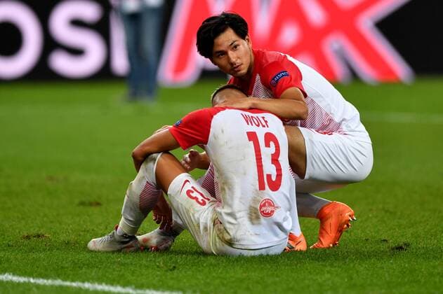 SOCCER - CL quali, RBS vs Belgrade SALZBURG,AUSTRIA,29.AUG.18 - SOCCER - UEFA Champions League qualification play-off, Red Bull Salzburg vs FC Red Star Belgrade. Image shows the disappointment of Hannes Wolf and Takumi Minamino (RBS). GEPAxpictures xFlorianxErtl