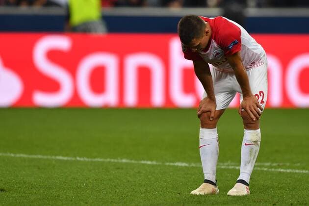 SOCCER - CL quali, RBS vs Belgrade SALZBURG,AUSTRIA,29.AUG.18 - SOCCER - UEFA Champions League qualification play-off, Red Bull Salzburg vs FC Red Star Belgrade. Image shows the disappointment of Stefan Lainer (RBS). GEPAxpictures xFlorianxErtl