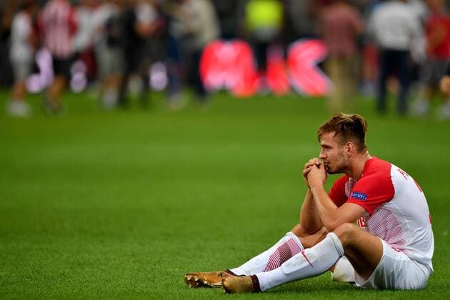 SOCCER - CL quali, RBS vs Belgrade SALZBURG,AUSTRIA,29.AUG.18 - SOCCER - UEFA Champions League qualification play-off, Red Bull Salzburg vs FC Red Star Belgrade. Image shows the disappointment of Marin Pongracic (RBS). GEPAxpictures xFlorianxErtl