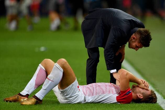 SOCCER - CL quali, RBS vs Belgrade SALZBURG,AUSTRIA,29.AUG.18 - SOCCER - UEFA Champions League qualification play-off, Red Bull Salzburg vs FC Red Star Belgrade. Image shows the disappointment of Marin Pongracic (RBS). GEPAxpictures xFlorianxErtl