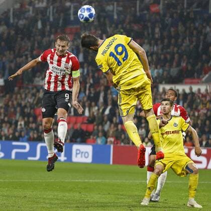 EINDHOVEN, Netherlands, 29-08-2018, football, Champions League play-off round 4 leg 2 , season 2018 2019 , PSV Philips Stadium , PSV - BATE Borisov , PSV forwarder Luuk de Jong (L) during the game PSV - BATE Borisov (3-0) . PSV - Borisov  x2432865x