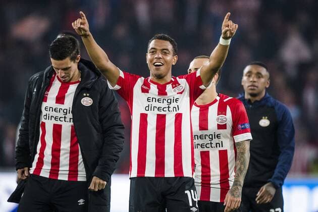 EINDHOVEN, PSV - BATE Borisov, 29-08-2018, voetbal, Champions League play-off, season 2018-2019, Philips Stadion, players of PSV are celebrating the victory, PSV player Donyell Malen (M) PSV - Borisov  x2432918x