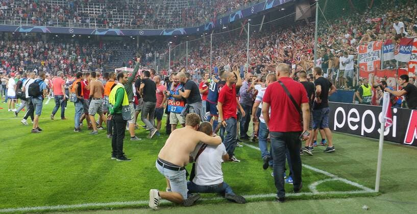 SOCCER - CL quali, RBS vs Belgrade SALZBURG,AUSTRIA,29.AUG.18 - SOCCER - UEFA Champions League qualification play-off, Red Bull Salzburg vs FC Red Star Belgrade. Image shows fans of FC Red Star Belgrade. Keywords: rejoycing. GEPAxpictures xThomasxBachun
