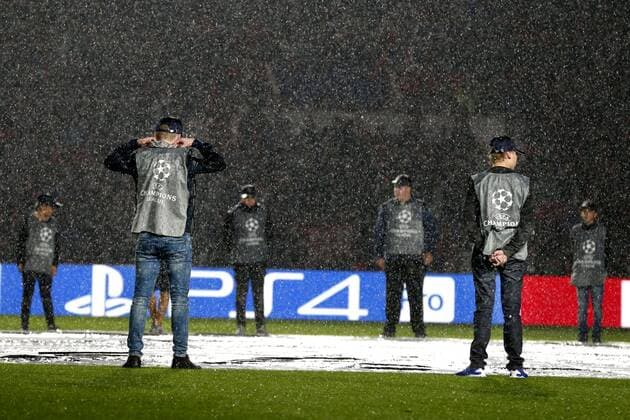 EINDHOVEN, Netherlands, 29-08-2018, football, Champions League play-off round 4 leg 2 , season 2018 2019 , PSV Philips Stadium , PSV - BATE Borisov , Wet pitch with CL mascots before the game PSV - BATE Borisov (3-0) PSV - Borisov  x2432926x