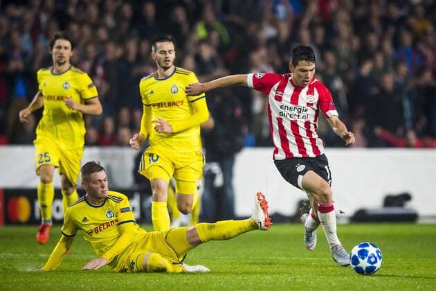 EINDHOVEN, PSV - BATE Borisov, 29-08-2018, voetbal, Champions League play-off, season 2018-2019, Philips Stadion, PSV player Hirving Lozano (R), BATE Borisov player Aleksandar Filipovic (2L) PSV - Borisov  x2432932x