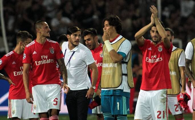 29.08.2018 Thessaloniki(Greece) FC PAOK-SL Benfica play off champions league men s football Ljubomir Fejsa(L),Mile Svilar(3L),Pizzi(r)SL Benfica : 