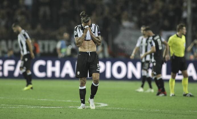 (180830) -- THESSALONIKI, Aug. 30, 2018 -- PAOK s Aleksandar Prijovic reacts after the Champions League Play-Off leg 2 soccer match between PAOK Salonika and SL Benfica at Toumpa Stadium in Thessaloniki, Greece, on Aug. 29, 2018. Benfica won 4-1. ) (SP)GREECE-THESSALONIKI-CHAMPIONS LEAGUE-PAOK SALONIKA VS SL BENFICA DimitrisxTosidis 