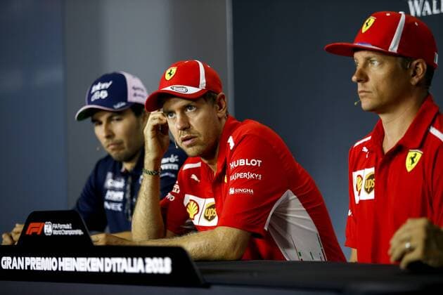Motorsports: FIA Formula One World Championship WM Weltmeisterschaft 2018, Grand Prix of Italy, 11 Sergio Perez (MEX, Racing Point Force India F1 Team), 5 Sebastian Vettel (GER, Scuderia Ferrari), 7 Kimi Raikkonen (FIN, Scuderia Ferrari), Monza Italy