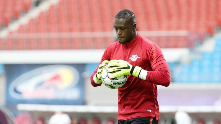 RB Leipzig Luhansk Soccer Euro League Qualifiers Leipzig 30 08 2018 Red Bull Arena Soccer UEFA Euro League Qualification PlayOff 2nd leg RB Leipzig vs FK Sorja Luhansk Pictured Goalkeeper Yvon Mvogo 28 RB Leipzig before the match For the infringement of the personal rights and data protection of the persons depicted takes over PICTURE POINT or and the author of the photo no liability