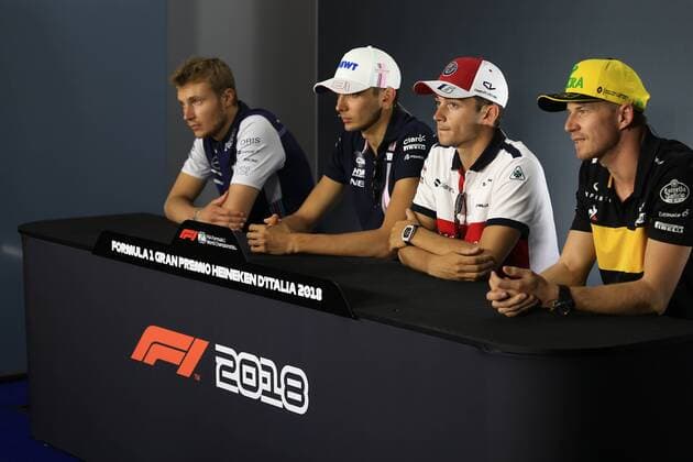 30th August 2018, Autodromo Nazionale Monza, Monza, Italy, Formula One Grand Prix of Italy, driver arrivals and press conference PK Pressekonferenz Williams Martini Racing, Sergey Sirotkin, Racing Point Force India, Esteban Ocon, Alfa Romeo Sauber F1 Team, Charles Leclerc and Renault F1 Team, Nico Hulkenberg ActionPlus12059259 Octane