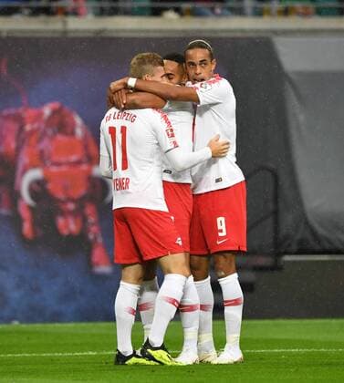 Soccer Men Season 2018 2019 Europa League Qualifiers Play offs Playoffs RB Leipzig Sorja Luhansk l Timo Werner RB Leipzig Matheus Cunha RB Leipzig Yussuf Poulsen RB Leipzig Jubilation after goal to 1 0 30 08 2018 Copyright: xMatthiasxKochx