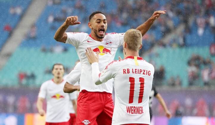 RB Leipzig Luhansk Soccer Euro League Qualifiers Leipzig 30 08 2018 Red Bull Arena Soccer UEFA Euro League Qualification PlayOff 2nd Leg Match RB Leipzig vs FK Sorja Luhansk Pictured Goal for RB Leipzig Jubilation after Match 1 0 Matheus Cunha 20 RB Leipzig and Timo Werner 11 RB Leipzig PICTURE POINT or the author of the photo accepts no liability for the infringement of personal rights and data protection of the persons depicted