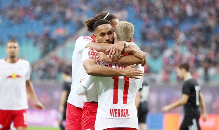 RB Leipzig Luhansk Soccer Euro League Qualifiers Leipzig 30 08 2018 Red Bull Arena Soccer UEFA Euro League Qualification PlayOff 2nd Leg Match RB Leipzig vs FK Sorja Luhansk Pictured Goal for RB Leipzig Jubilation after Match 1 0 Matheus Cunha 20 RB Leipzig and Timo Werner 11 RB Leipzig PICTURE POINT or the author of the photo accepts no liability for the infringement of personal rights and data protection of the persons depicted