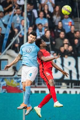 180830 Behrang Safari of Malmö FF and Frank Ogochukwu or Midtjylland during the Europe League qualifying match between Midtjylland and Malmö FF on August 30, 2018 in Herning Photo Ludvig Thunman BILDBYR N code LT 35529  Copyright: LUDVIGxTHUNMAN BB180830LT031