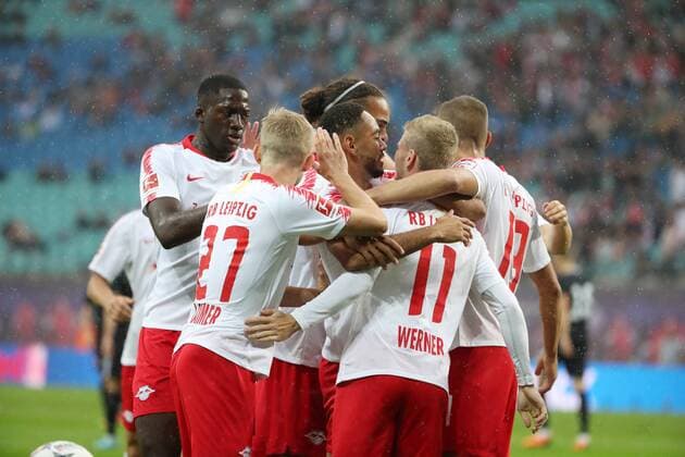 RB Leipzig Luhansk Soccer Euro League Qualifiers Leipzig 30 08 2018 Red Bull Arena Soccer UEFA Euro League Qualification PlayOff 2nd Leg Match RB Leipzig vs FK Sorja Luhansk Pictured Goal for RB Leipzig Jubilation after Match 1 0 Matheus Cunha 20 RB Leipzig and Timo Werner 11 RB Leipzig PICTURE POINT or the author of the photo accepts no liability for the infringement of personal rights and data protection of the persons depicted
