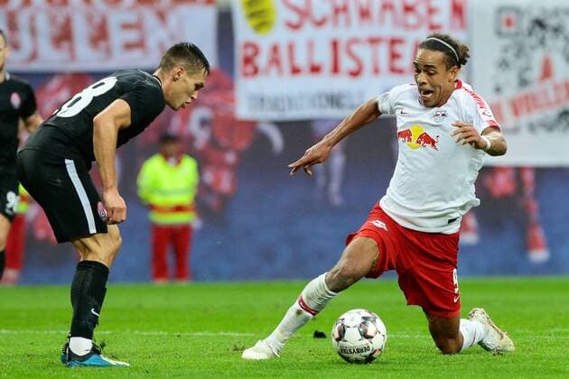 30 08 2018 xtgx Football Europa League Qualifiers RB Leipzig Sorja Luhansk emspor v1 Yussuf Poulsen Leipzig 9 slips off the ball and misses the opportunity DFL DFB REGULATIONS PROHIBIT ANY USE OF PHOTOGRAPH as IMAGE SEQUENCES and or QUASI VIDEO Leipzig
