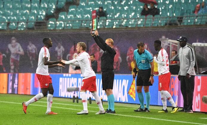 Soccer Men Season 2018 2019 Europa League Qualifiers Play offs Playoffs RB Leipzig Sorja Luhansk Ibrahima Konate RB Leipzig Emil Forsberg RB Leipzig Jean Kevin Augustin RB Leipzig 30 08 2018 Copyright: xMatthiasxKochx