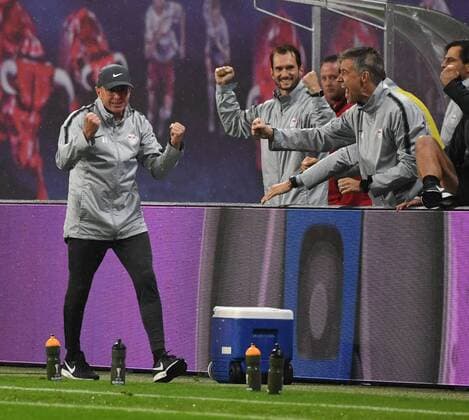 Soccer Mens Season 2018 2019 Europa League Qualifiers Play offs Match RB Leipzig Sorja Luhansk Coach Ralf Rangnick RB Leipzig Cheers after the final whistle 30 08 2018 Copyright: xMatthiasxKochx