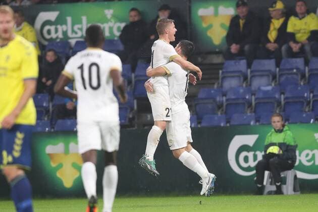 Genk s Ruslan Malinovski celebrates after scoring during a soccer game between Danish club Brondby IF and Belgian team KRC Genk, Thursday 30 August 2018 in Copenhagen, Denmark, the return game of the play-off for the UEFA Europa League competition. The first leg ended in a 5-2 Genk victory. BRUNOxFAHY  x05416639x
