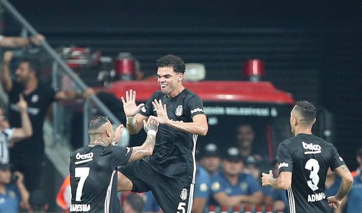 Besiktas Pepe celebrate his goal with his teammates Ricardo Quaresma and Andriano during Besiktas - Partizan UEFA European League Qualifying Round Game, at Vodafone Arena, Istanbul, 30th of August 2018.  Copyright: TolgaxAdanali STA_2696