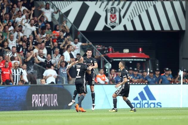Besiktas Pepe celebrate his goal with his teammates Ricardo Quaresma and Andriano during Besiktas - Partizan UEFA European League Qualifying Round Game, at Vodafone Arena, Istanbul, 30th of August 2018.  Copyright: TolgaxAdanali STA_2700