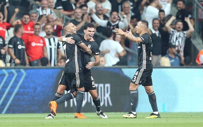 Besiktas Pepe celebrate his goal with his teammates Ricardo Quaresma and Andriano during Besiktas - Partizan UEFA European League Qualifying Round Game, at Vodafone Arena, Istanbul, 30th of August 2018.  Copyright: TolgaxAdanali STA_2703